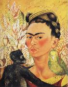 Frida Kahlo Self-Portrait with Monkey and Parrot oil painting artist